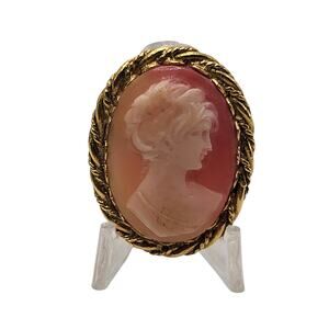 Vintage Faux Cameo Brooch Pink Lady Gold Tone Frame 1.5"
